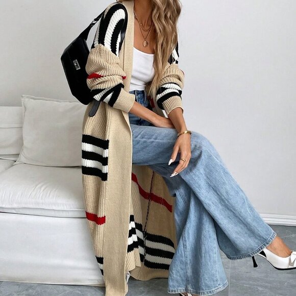 Multicolor Casual Women's Classic Striped open front sweater Cardigan - Picture 6 of 6